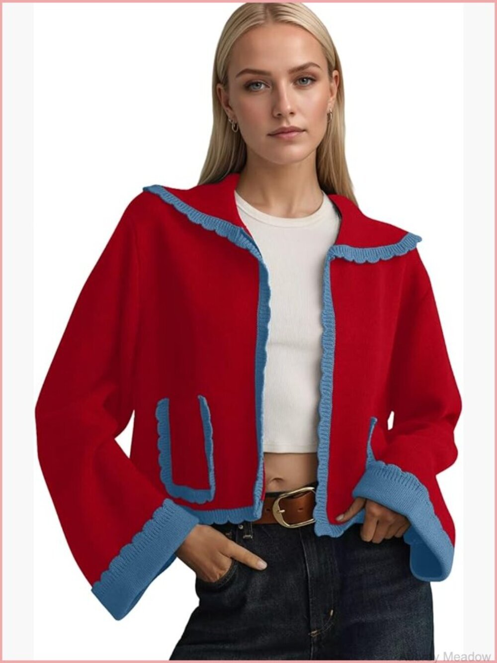 Scallop Lapel Collar Knit Cardigan Sweater Colorblock Long Bell Sleeve Open